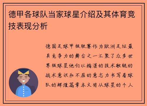 德甲各球队当家球星介绍及其体育竞技表现分析